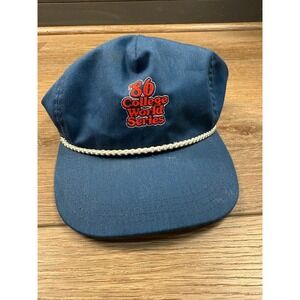 '86 College World Series Baseball Cap Navy Blue Rope Strap Mens Hat Adjustable